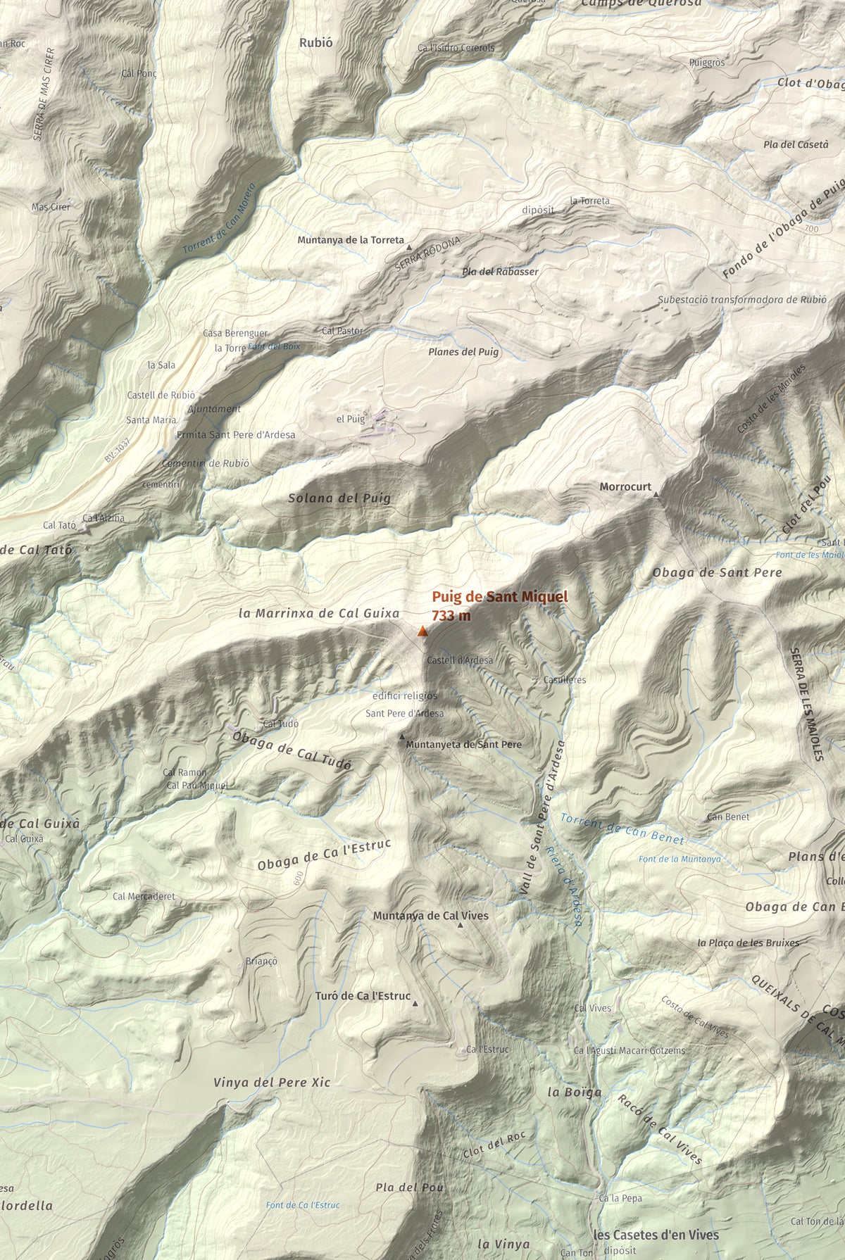 Mapa de relieve de Puig de Sant Miquel, 733 m, Anoia, lámina 100 Cims de Trobart. Detalle de la zona central. 61 × 91 cm.