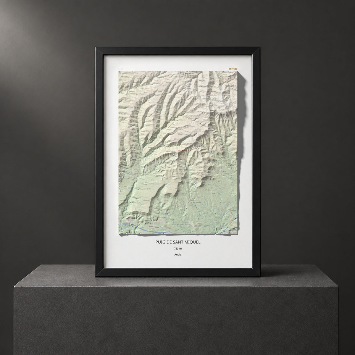 Mapa de relieve de Puig de Sant Miquel, 733 m, Anoia, lámina 100 Cims de Trobart. Presentación enmarcada. 70 × 100 cm.