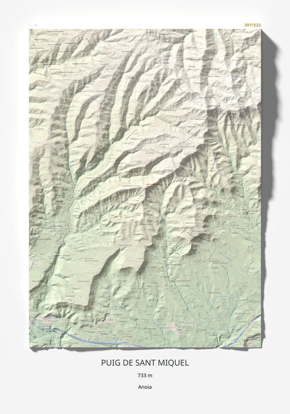 Mapa de relieve de Puig de Sant Miquel, 733 m, Anoia, lámina 100 Cims de Trobart 70 × 100 cm.