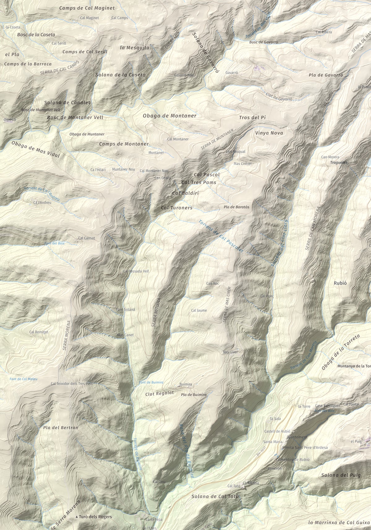 Mapa de relieve de Puig de Sant Miquel, 733 m, Anoia, lámina 100 Cims de Trobart. Detalle de la zona superior izquierda. 70 × 100 cm.