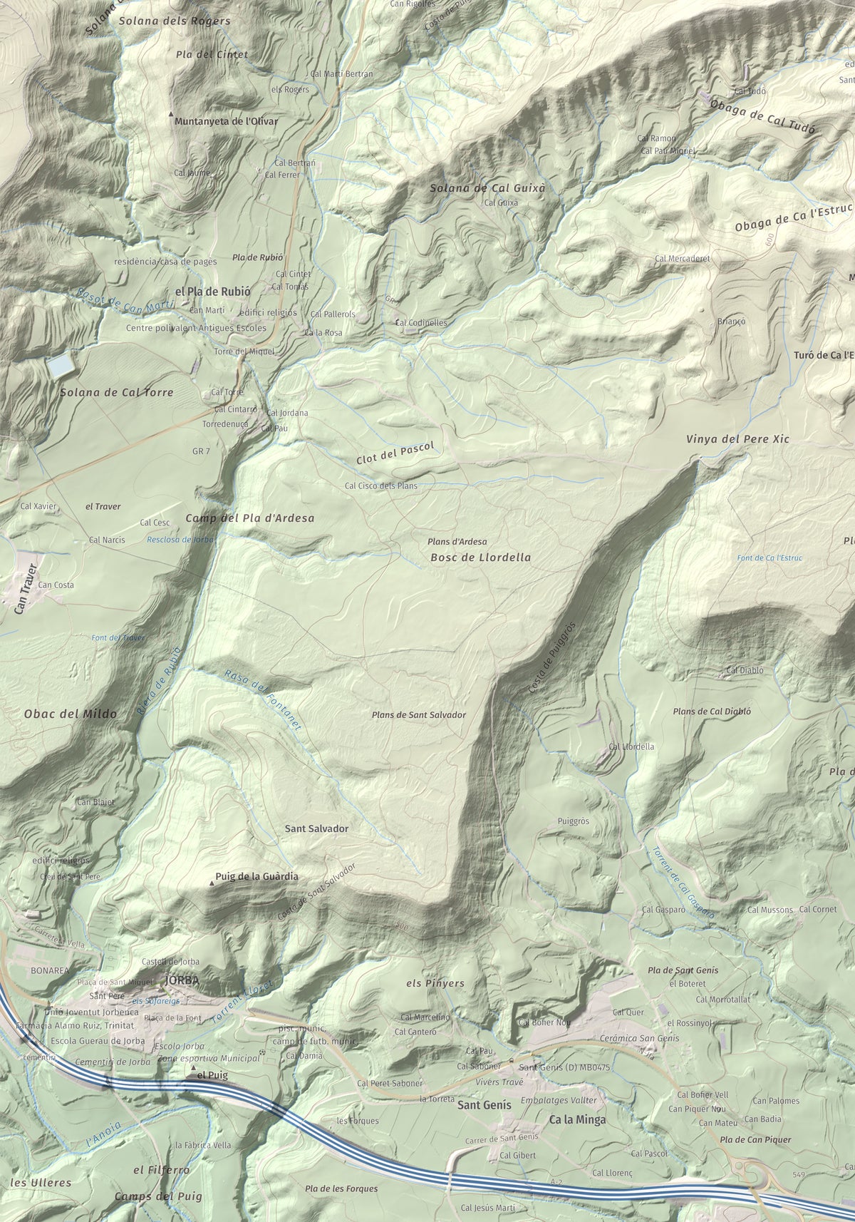 Mapa de relieve de Puig de Sant Miquel, 733 m, Anoia, lámina 100 Cims de Trobart. Detalle de la zona inferior izquierda. 70 × 100 cm.