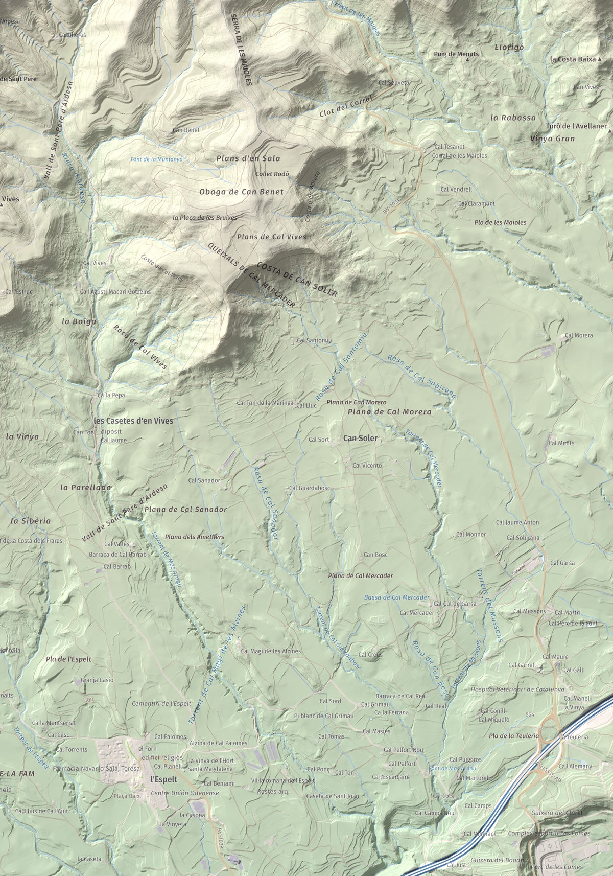 Mapa de relieve de Puig de Sant Miquel, 733 m, Anoia, lámina 100 Cims de Trobart. Detalle de la zona inferior derecha. 70 × 100 cm.