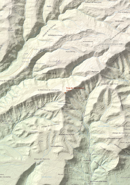 Mapa de relieve de Puig de Sant Miquel, 733 m, Anoia, lámina 100 Cims de Trobart. Detalle de la zona central. 70 × 100 cm.