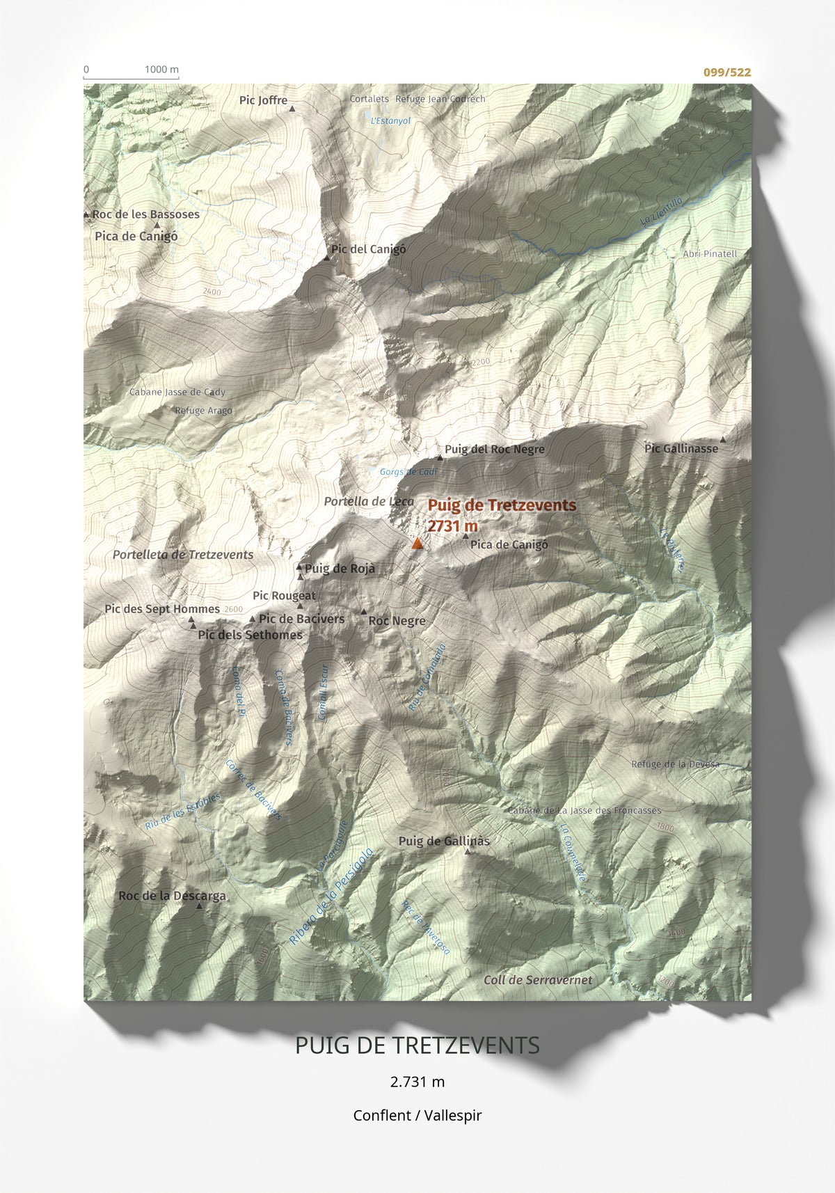 Mapa de relieve de Puig de Tretzevents, 2731 m, Conflent · Vallespir, lámina 100 Cims de Trobart 21 × 30 cm.