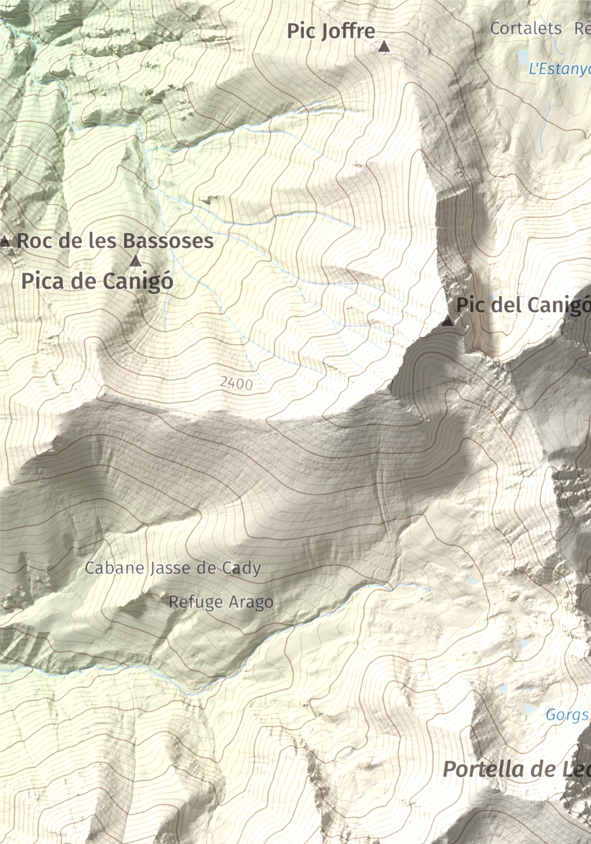 Mapa de relieve de Puig de Tretzevents, 2731 m, Conflent · Vallespir, lámina 100 Cims de Trobart. Detalle de la zona superior izquierda. 21 × 30 cm.