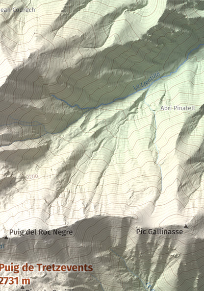 Mapa de relieve de Puig de Tretzevents, 2731 m, Conflent · Vallespir, lámina 100 Cims de Trobart. Detalle de la zona superior derecha. 21 × 30 cm.