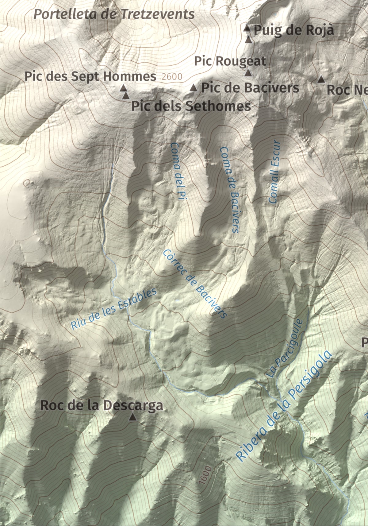 Mapa de relieve de Puig de Tretzevents, 2731 m, Conflent · Vallespir, lámina 100 Cims de Trobart. Detalle de la zona inferior izquierda. 21 × 30 cm.