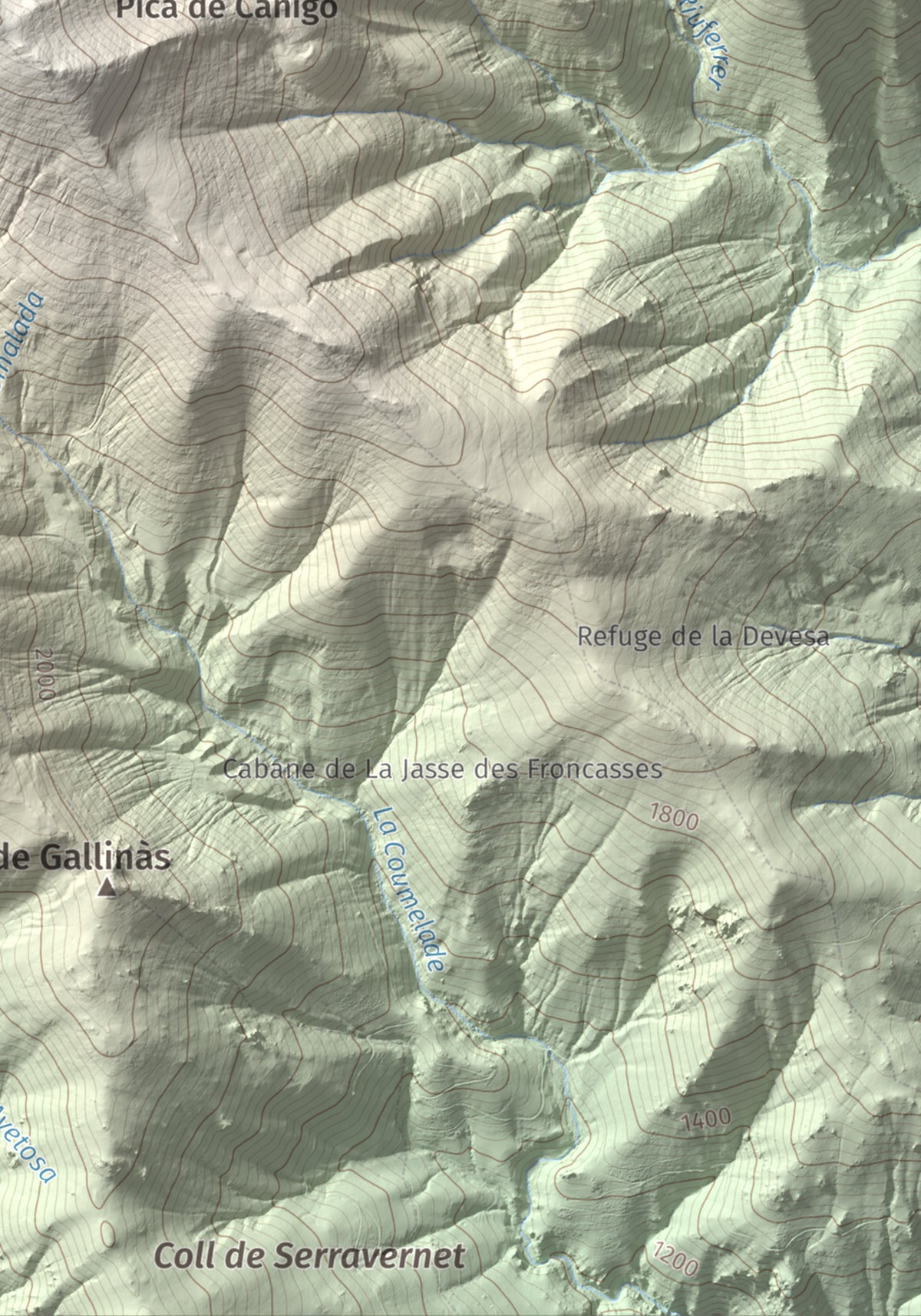 Mapa de relieve de Puig de Tretzevents, 2731 m, Conflent · Vallespir, lámina 100 Cims de Trobart. Detalle de la zona inferior derecha. 21 × 30 cm.