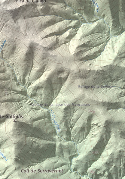 Mapa de relieve de Puig de Tretzevents, 2731 m, Conflent · Vallespir, lámina 100 Cims de Trobart. Detalle de la zona inferior derecha. 21 × 30 cm.
