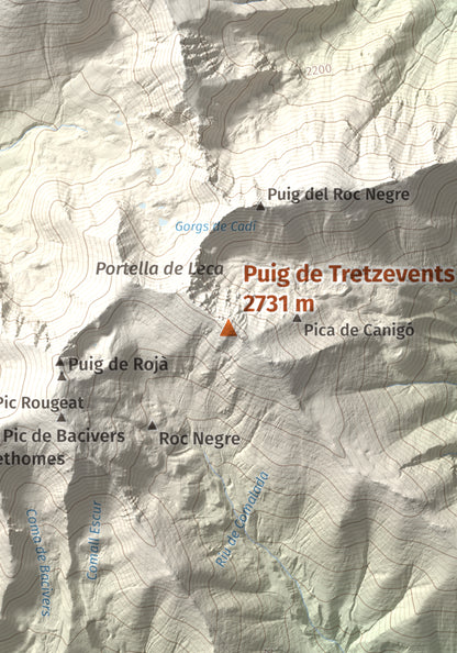 Mapa de relieve de Puig de Tretzevents, 2731 m, Conflent · Vallespir, lámina 100 Cims de Trobart. Detalle de la zona central. 21 × 30 cm.