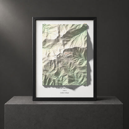 Mapa de relieve de Puig de Tretzevents, 2731 m, Conflent · Vallespir, lámina 100 Cims de Trobart. Presentación enmarcada. 30 × 40 cm.