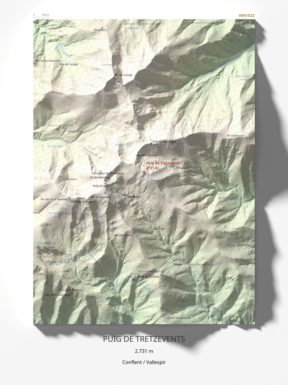 Mapa de relieve de Puig de Tretzevents, 2731 m, Conflent · Vallespir, lámina 100 Cims de Trobart 30 × 40 cm.