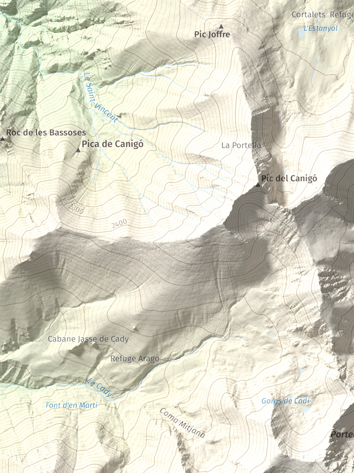 Mapa de relieve de Puig de Tretzevents, 2731 m, Conflent · Vallespir, lámina 100 Cims de Trobart. Detalle de la zona superior izquierda. 30 × 40 cm.
