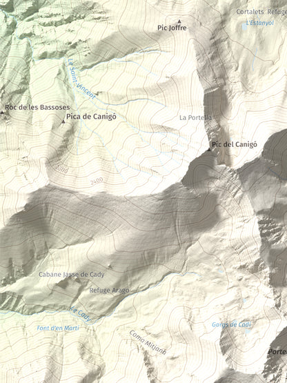 Mapa de relieve de Puig de Tretzevents, 2731 m, Conflent · Vallespir, lámina 100 Cims de Trobart. Detalle de la zona superior izquierda. 30 × 40 cm.