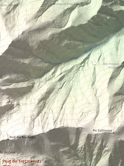 Mapa de relieve de Puig de Tretzevents, 2731 m, Conflent · Vallespir, lámina 100 Cims de Trobart. Detalle de la zona superior derecha. 30 × 40 cm.