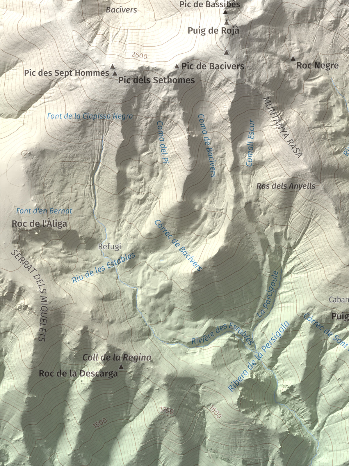Mapa de relieve de Puig de Tretzevents, 2731 m, Conflent · Vallespir, lámina 100 Cims de Trobart. Detalle de la zona inferior izquierda. 30 × 40 cm.
