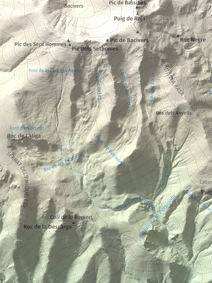 Mapa de relieve de Puig de Tretzevents, 2731 m, Conflent · Vallespir, lámina 100 Cims de Trobart. Detalle de la zona inferior izquierda. 30 × 40 cm.