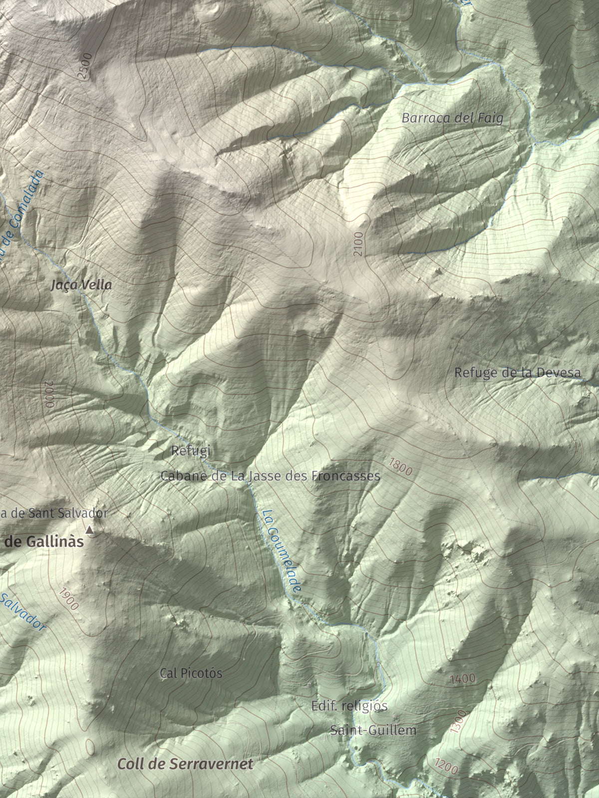 Mapa de relieve de Puig de Tretzevents, 2731 m, Conflent · Vallespir, lámina 100 Cims de Trobart. Detalle de la zona inferior derecha. 30 × 40 cm.