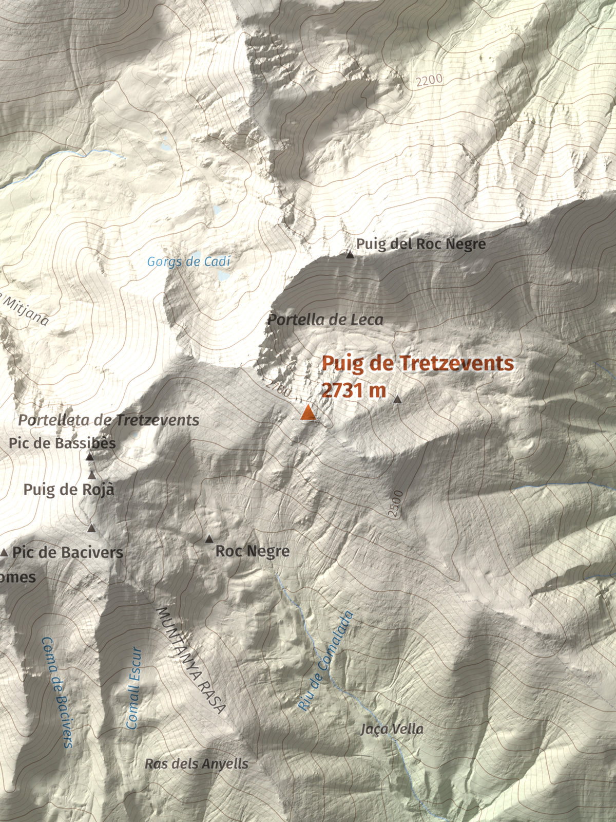 Mapa de relieve de Puig de Tretzevents, 2731 m, Conflent · Vallespir, lámina 100 Cims de Trobart. Detalle de la zona central. 30 × 40 cm.