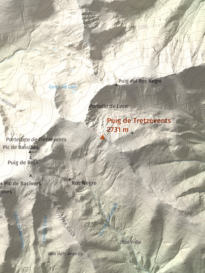 Mapa de relieve de Puig de Tretzevents, 2731 m, Conflent · Vallespir, lámina 100 Cims de Trobart. Detalle de la zona central. 30 × 40 cm.