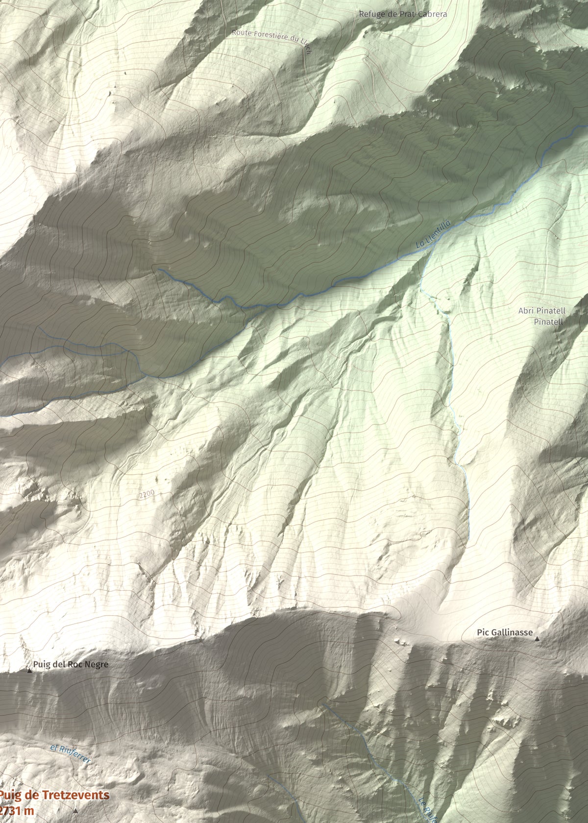 Mapa de relieve de Puig de Tretzevents, 2731 m, Conflent · Vallespir, lámina 100 Cims de Trobart. Detalle de la zona superior derecha. 50 × 70 cm.
