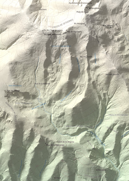 Mapa de relieve de Puig de Tretzevents, 2731 m, Conflent · Vallespir, lámina 100 Cims de Trobart. Detalle de la zona inferior izquierda. 50 × 70 cm.