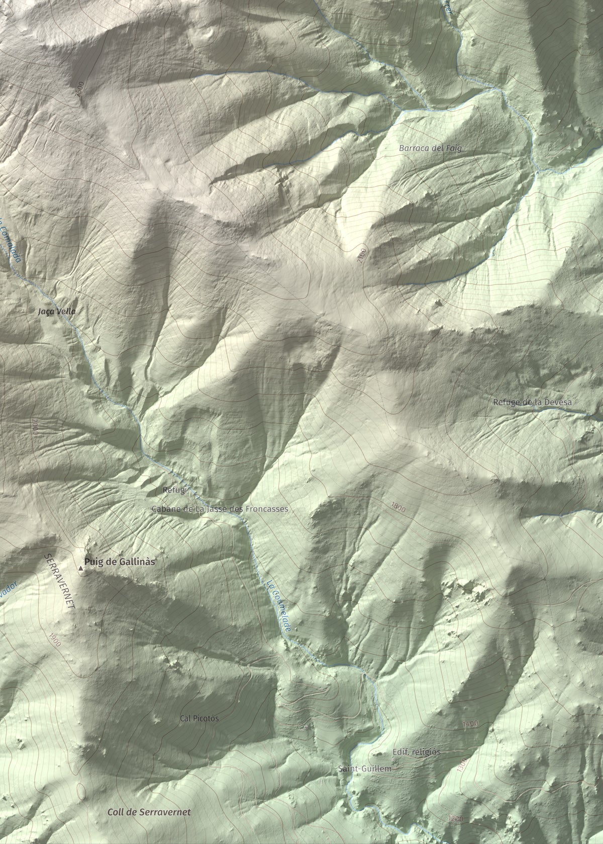 Mapa de relieve de Puig de Tretzevents, 2731 m, Conflent · Vallespir, lámina 100 Cims de Trobart. Detalle de la zona inferior derecha. 50 × 70 cm.