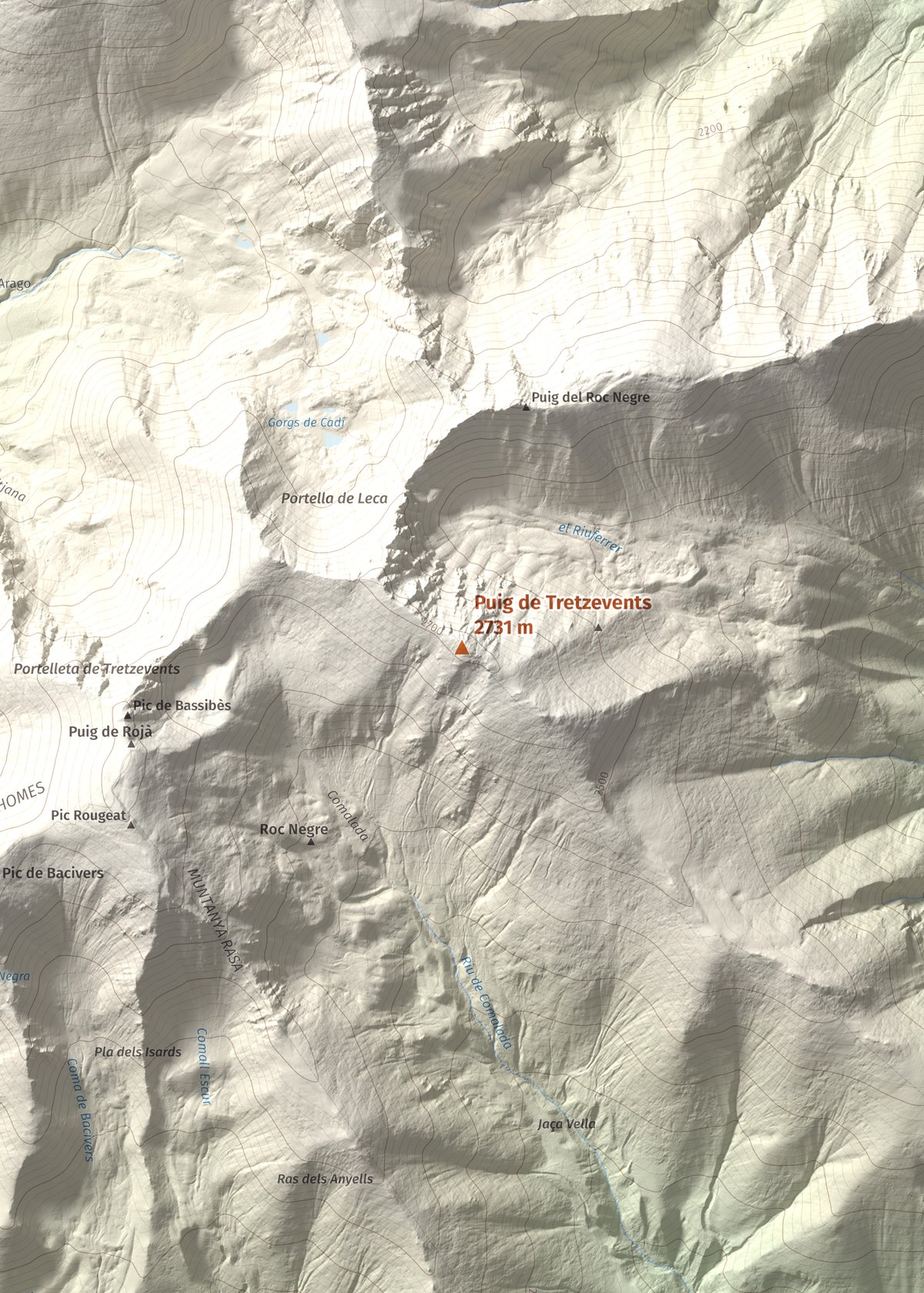 Mapa de relieve de Puig de Tretzevents, 2731 m, Conflent · Vallespir, lámina 100 Cims de Trobart. Detalle de la zona central. 50 × 70 cm.