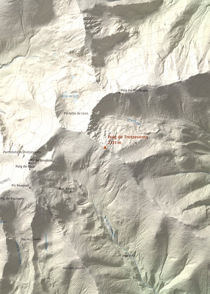 Mapa de relieve de Puig de Tretzevents, 2731 m, Conflent · Vallespir, lámina 100 Cims de Trobart. Detalle de la zona central. 50 × 70 cm.