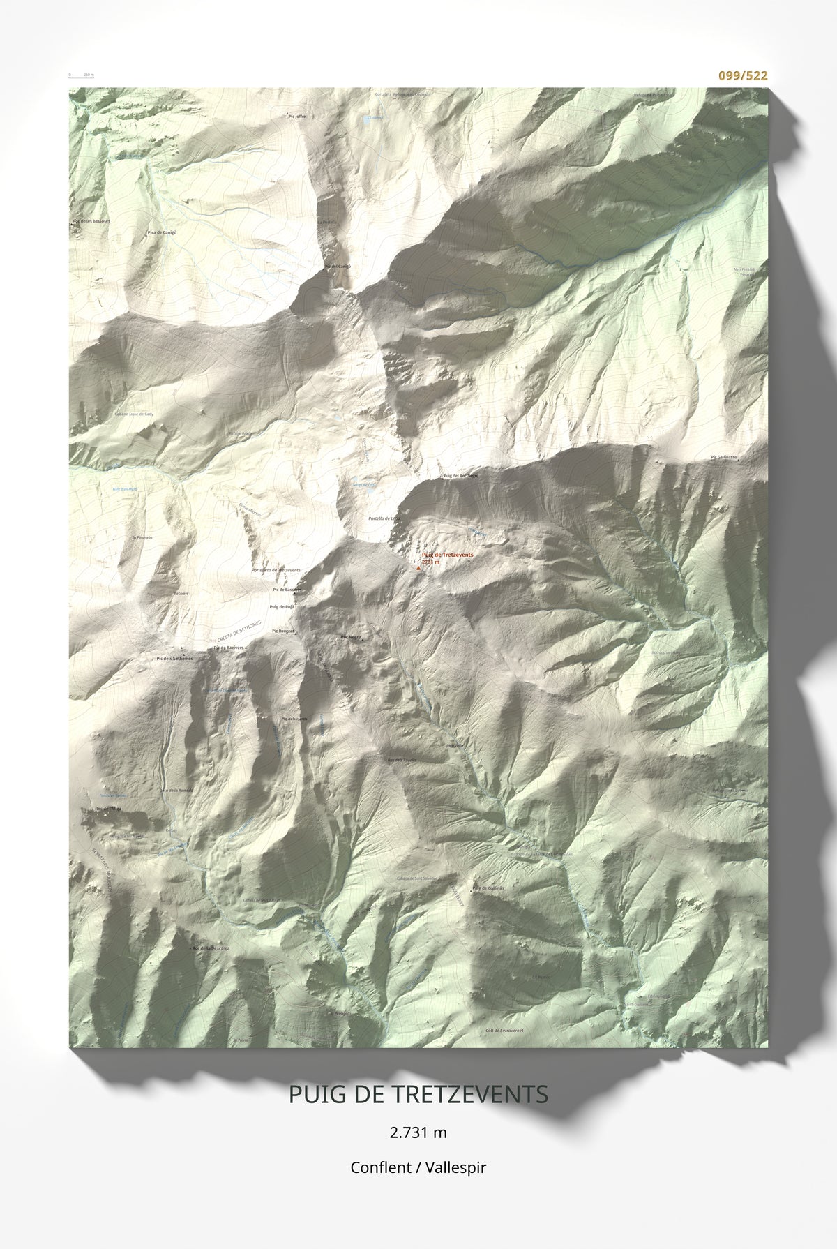 Mapa de relieve de Puig de Tretzevents, 2731 m, Conflent · Vallespir, lámina 100 Cims de Trobart 61 × 91 cm.