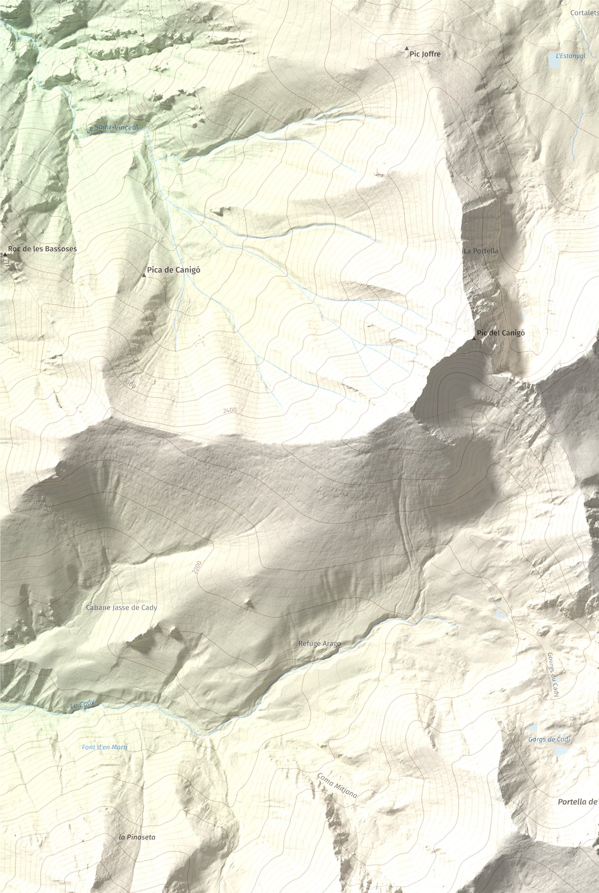 Mapa de relieve de Puig de Tretzevents, 2731 m, Conflent · Vallespir, lámina 100 Cims de Trobart. Detalle de la zona superior izquierda. 61 × 91 cm.