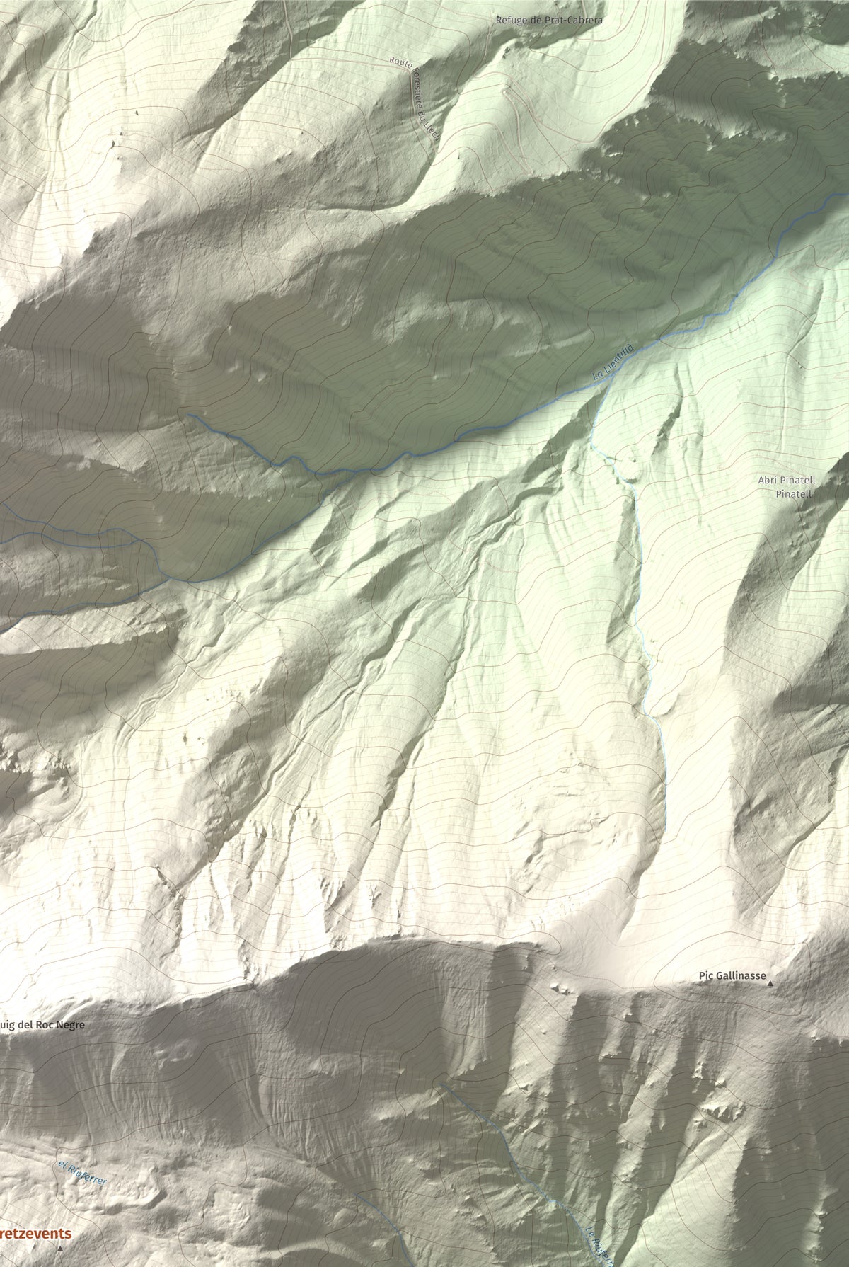 Mapa de relieve de Puig de Tretzevents, 2731 m, Conflent · Vallespir, lámina 100 Cims de Trobart. Detalle de la zona superior derecha. 61 × 91 cm.