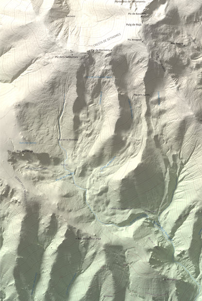Mapa de relieve de Puig de Tretzevents, 2731 m, Conflent · Vallespir, lámina 100 Cims de Trobart. Detalle de la zona inferior izquierda. 61 × 91 cm.