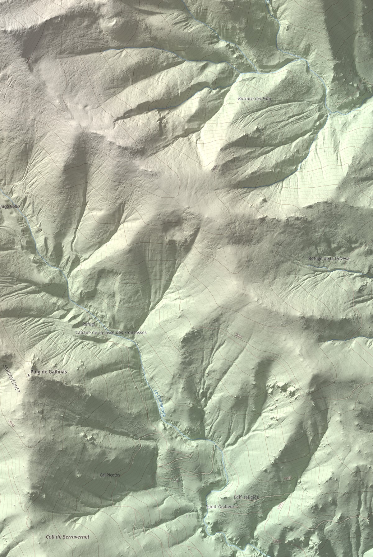 Mapa de relieve de Puig de Tretzevents, 2731 m, Conflent · Vallespir, lámina 100 Cims de Trobart. Detalle de la zona inferior derecha. 61 × 91 cm.