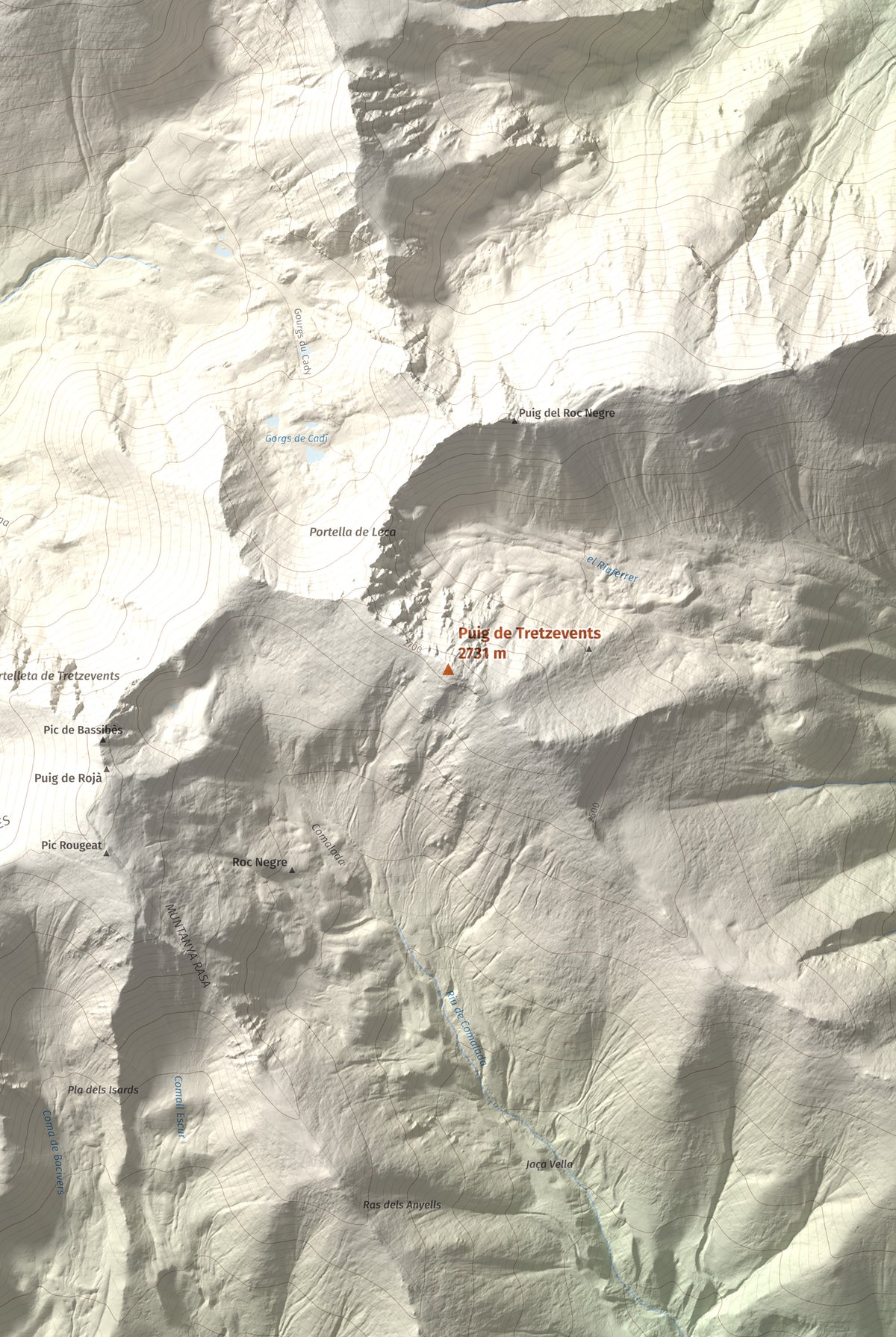 Mapa de relieve de Puig de Tretzevents, 2731 m, Conflent · Vallespir, lámina 100 Cims de Trobart. Detalle de la zona central. 61 × 91 cm.