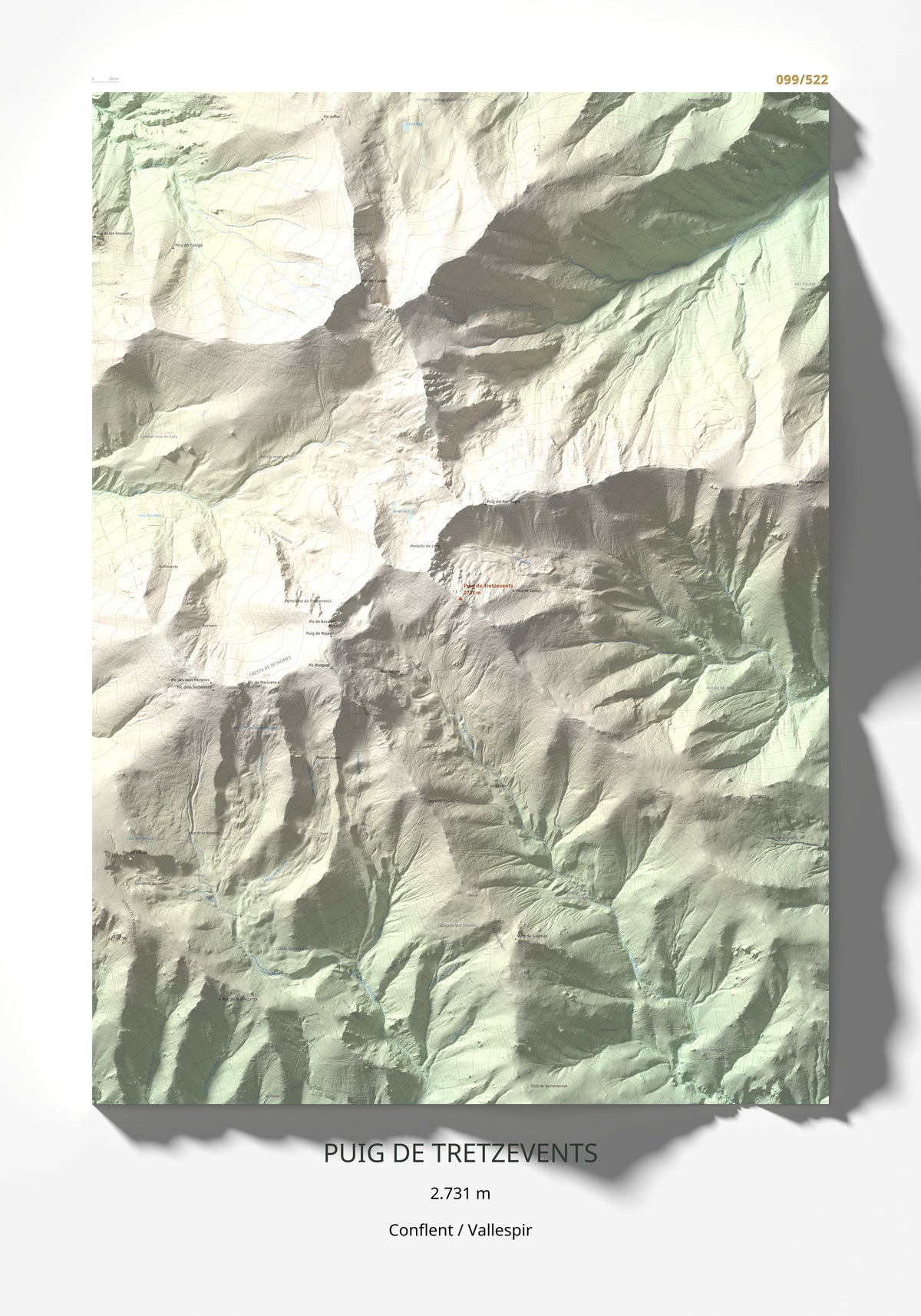 Mapa de relieve de Puig de Tretzevents, 2731 m, Conflent · Vallespir, lámina 100 Cims de Trobart 70 × 100 cm.