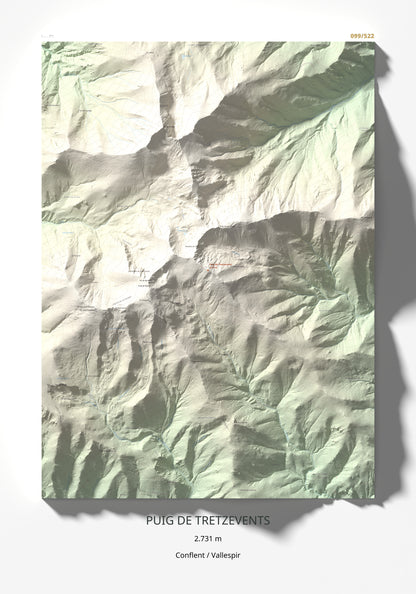Mapa de relieve de Puig de Tretzevents, 2731 m, Conflent · Vallespir, lámina 100 Cims de Trobart 70 × 100 cm.
