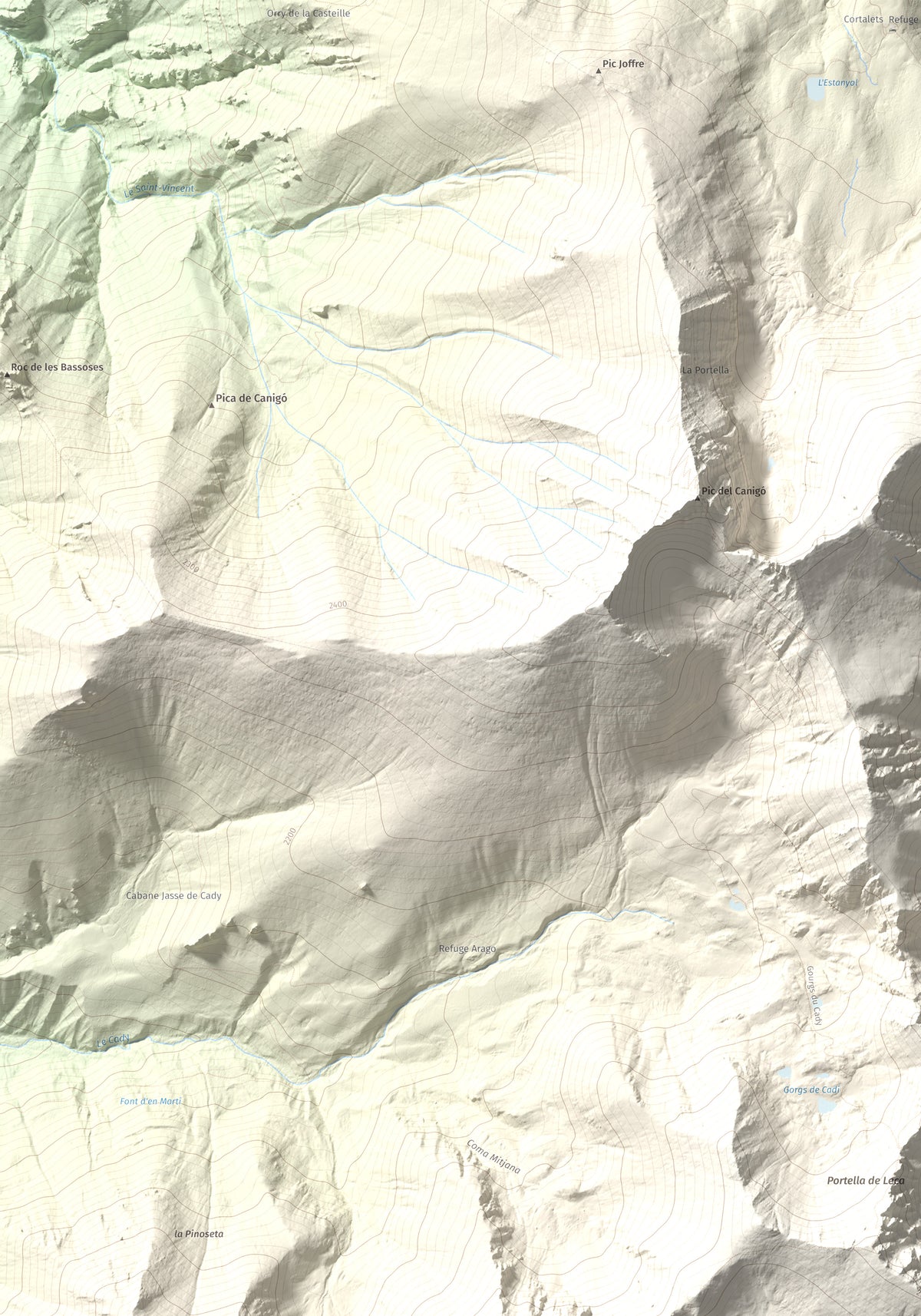 Mapa de relieve de Puig de Tretzevents, 2731 m, Conflent · Vallespir, lámina 100 Cims de Trobart. Detalle de la zona superior izquierda. 70 × 100 cm.