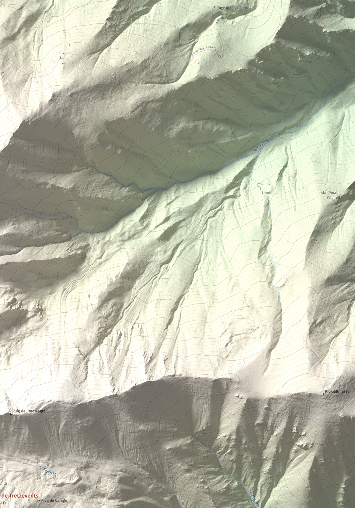 Mapa de relieve de Puig de Tretzevents, 2731 m, Conflent · Vallespir, lámina 100 Cims de Trobart. Detalle de la zona superior derecha. 70 × 100 cm.