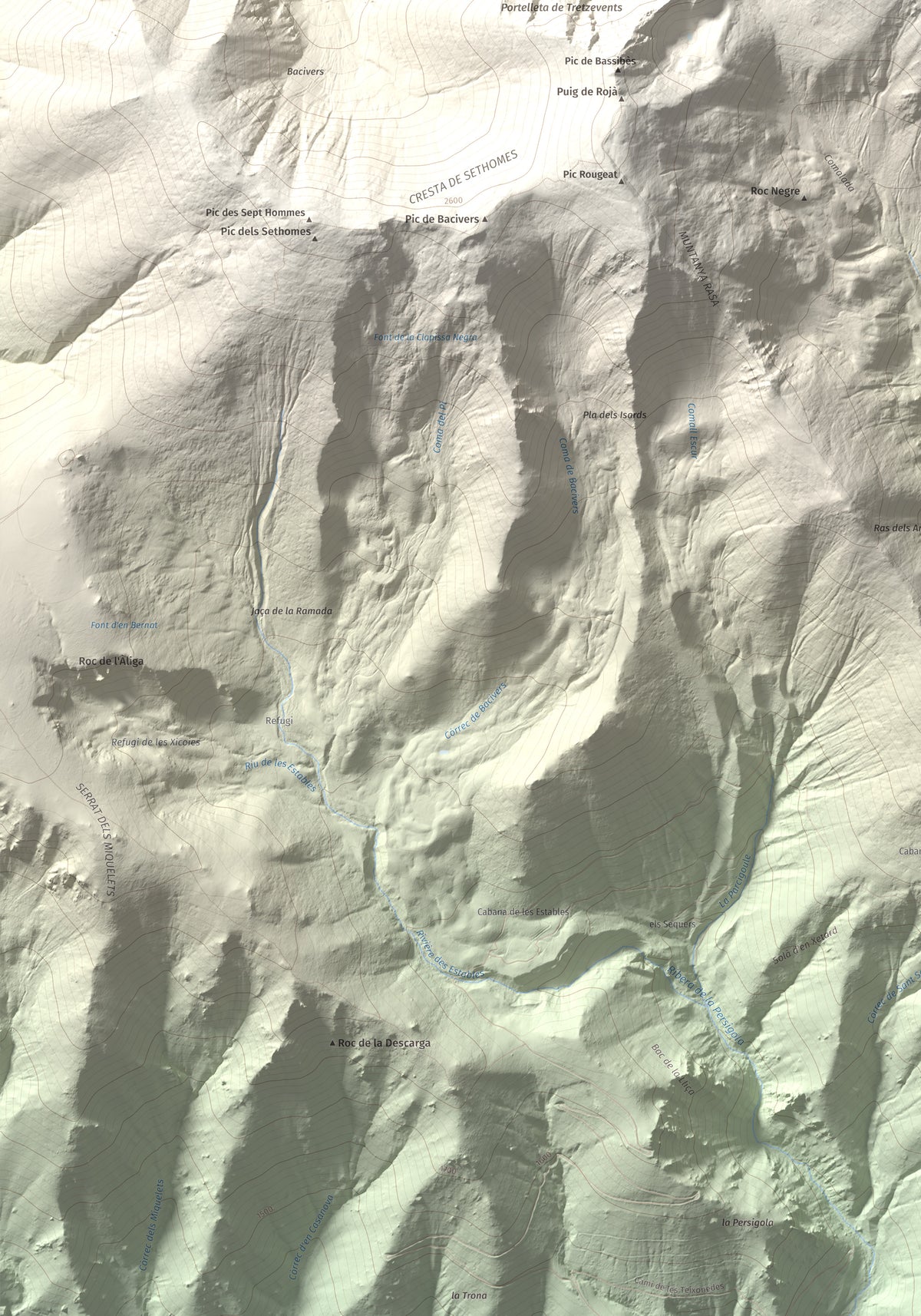 Mapa de relieve de Puig de Tretzevents, 2731 m, Conflent · Vallespir, lámina 100 Cims de Trobart. Detalle de la zona inferior izquierda. 70 × 100 cm.