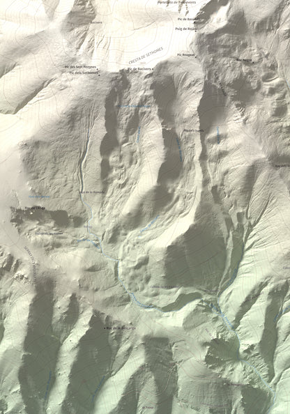 Mapa de relieve de Puig de Tretzevents, 2731 m, Conflent · Vallespir, lámina 100 Cims de Trobart. Detalle de la zona inferior izquierda. 70 × 100 cm.