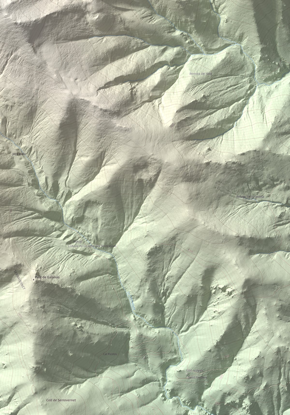 Mapa de relieve de Puig de Tretzevents, 2731 m, Conflent · Vallespir, lámina 100 Cims de Trobart. Detalle de la zona inferior derecha. 70 × 100 cm.