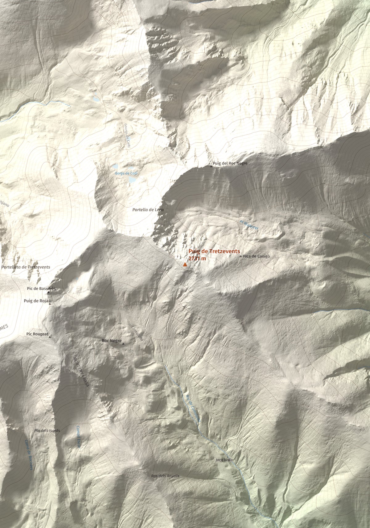 Mapa de relieve de Puig de Tretzevents, 2731 m, Conflent · Vallespir, lámina 100 Cims de Trobart. Detalle de la zona central. 70 × 100 cm.
