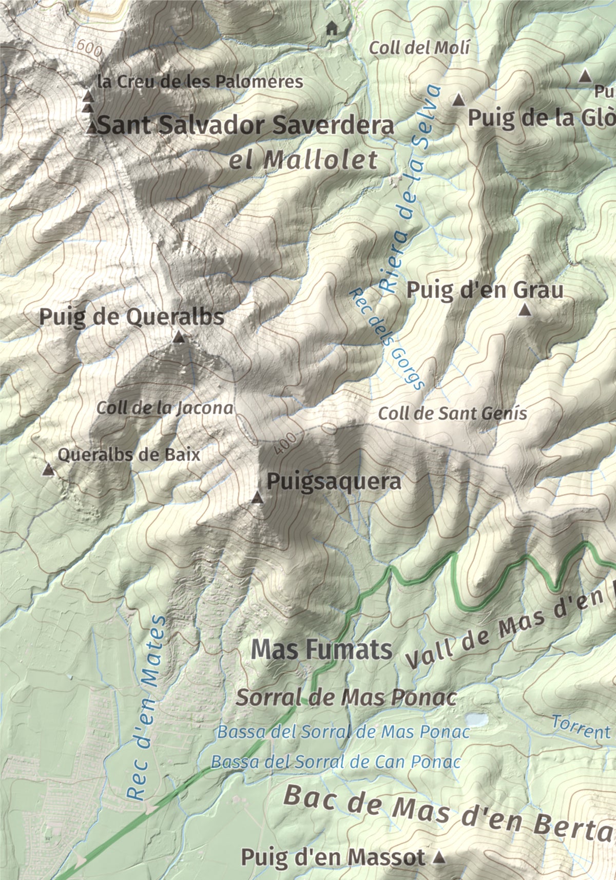 Mapa topogràfic del relleu: Puig de l'Àliga (Cap de Creus), 463 m. Detall de la zona superior esquerra. 21 × 30 cm.