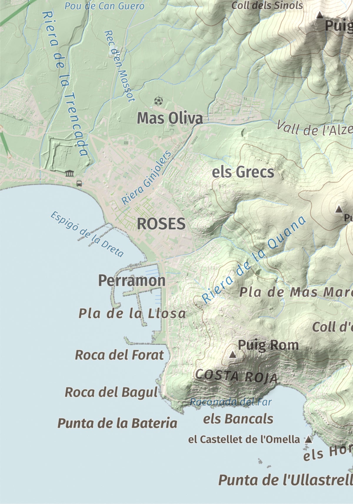 Mapa topogràfic del relleu: Puig de l'Àliga (Cap de Creus), 463 m. Detall de la zona inferior esquerra. 21 × 30 cm.