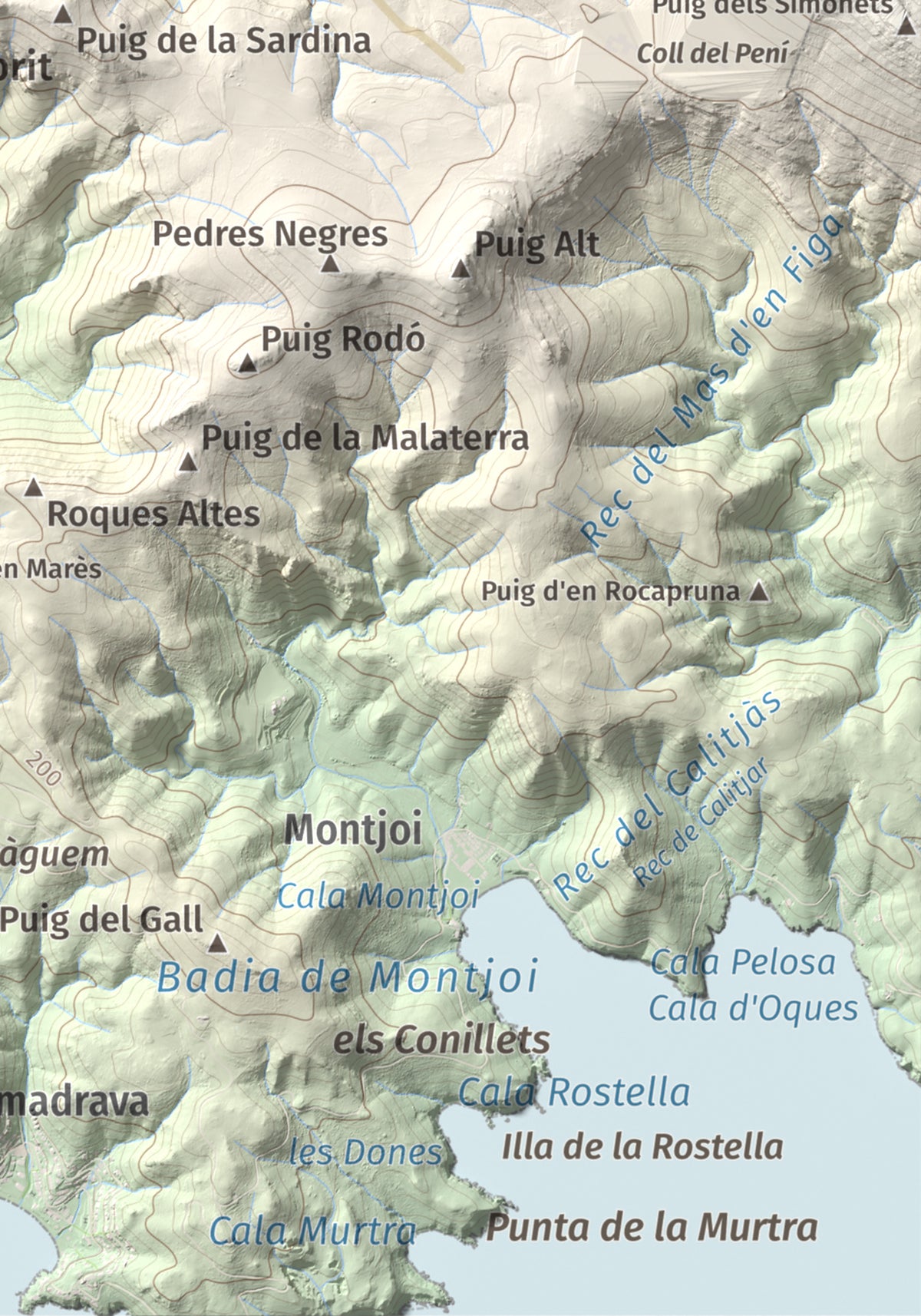 Mapa topogràfic del relleu: Puig de l'Àliga (Cap de Creus), 463 m. Detall de la zona inferior dreta. 21 × 30 cm.