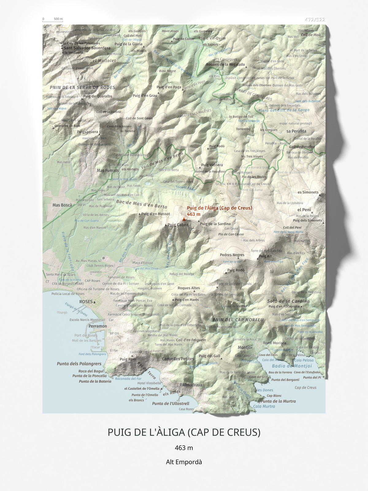 Mapa topogràfic del relleu: Puig de l'Àliga (Cap de Creus), 463 m. Làmina completa. 30 × 40 cm.