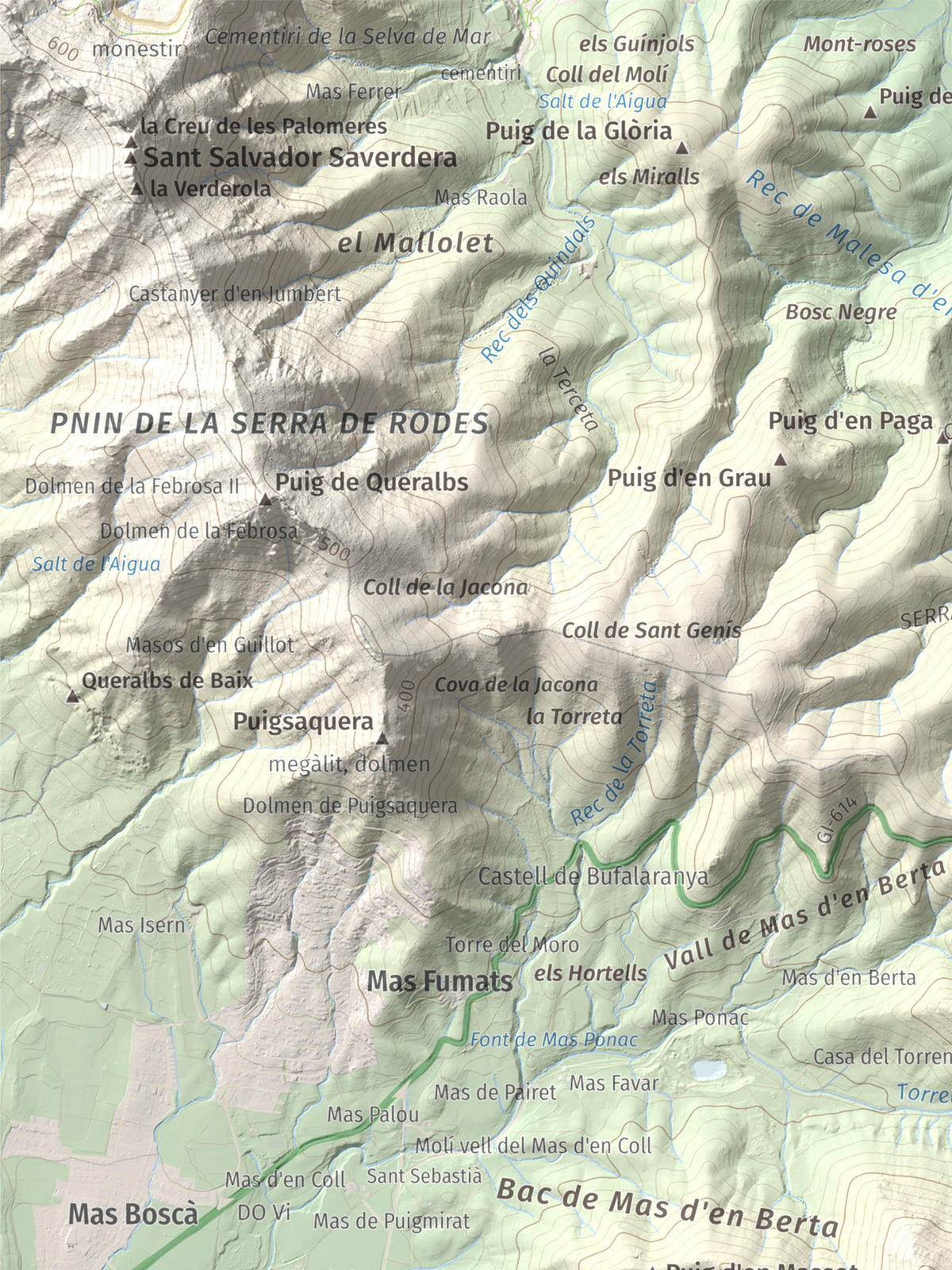 Mapa topogràfic del relleu: Puig de l'Àliga (Cap de Creus), 463 m. Detall de la zona superior esquerra. 30 × 40 cm.