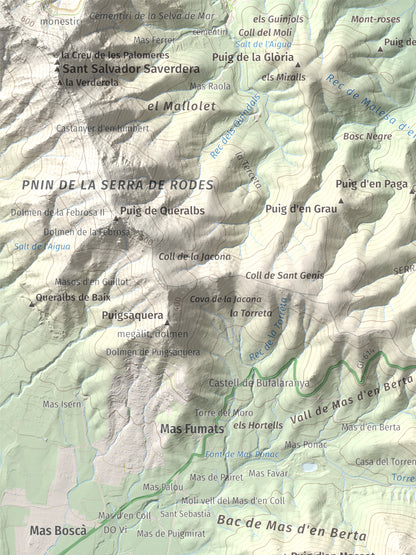 Mapa topogràfic del relleu: Puig de l'Àliga (Cap de Creus), 463 m. Detall de la zona superior esquerra. 30 × 40 cm.