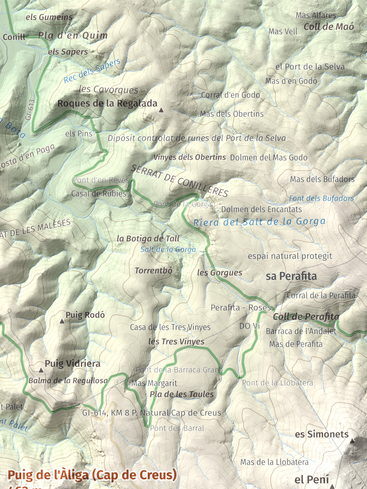 Mapa topogràfic del relleu: Puig de l'Àliga (Cap de Creus), 463 m. Detall de la zona superior dreta. 30 × 40 cm.